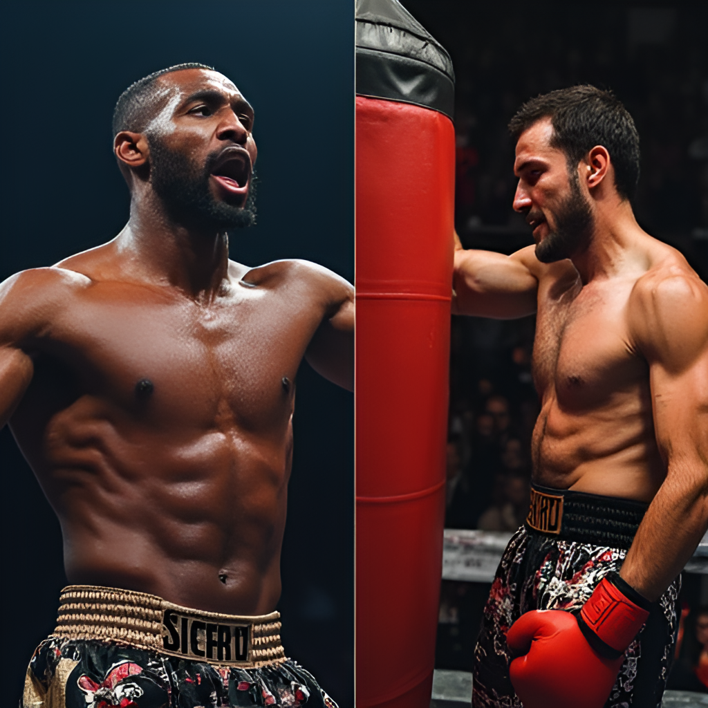 A split image or a composite showing Terence Crawford celebrating a victory in one part and training hard in the gym (hitting a heavy bag or speed bag) in the other, symbolizing his success and dedication. Include boxing equipment like gloves and belts.