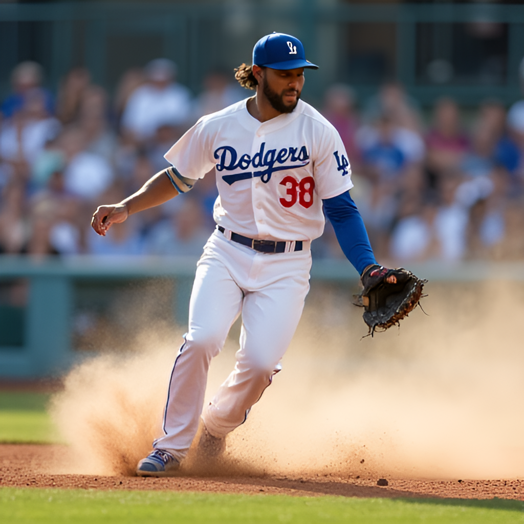A dynamic action shot of a Los Angeles Dodgers player making a spectacular play on the field, conveying energy and athleticism.
