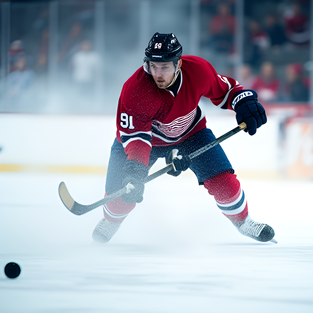 A close-up action shot of a hockey player making a spectacular move or shot, with motion blur and intense focus on the player and the puck, illustrating a 'highlight' moment.
