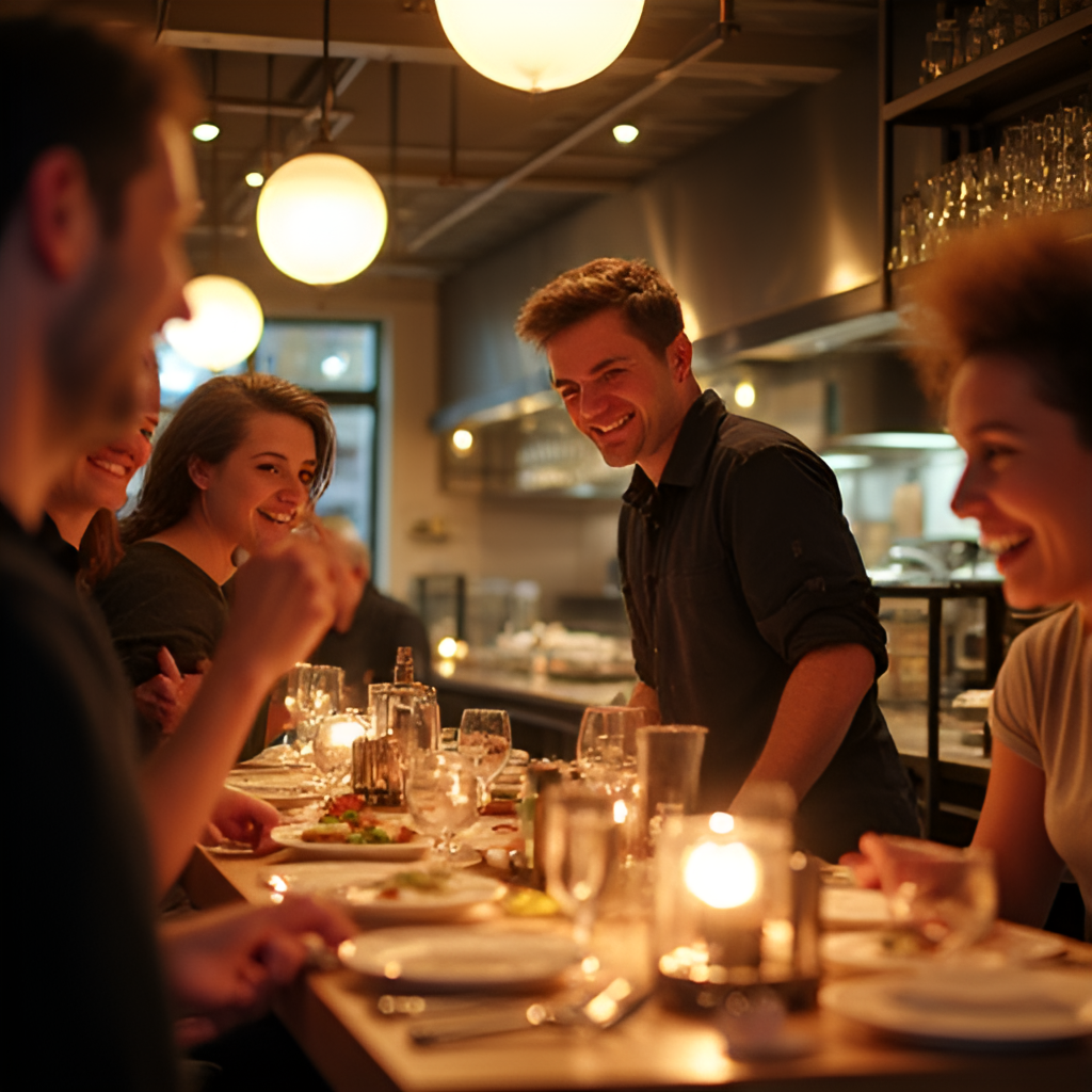 An image capturing the lively atmosphere inside a high-end Canadian restaurant featured on the list, showing happy diners and perhaps a chef in the background, in a warm, inviting photographic style.