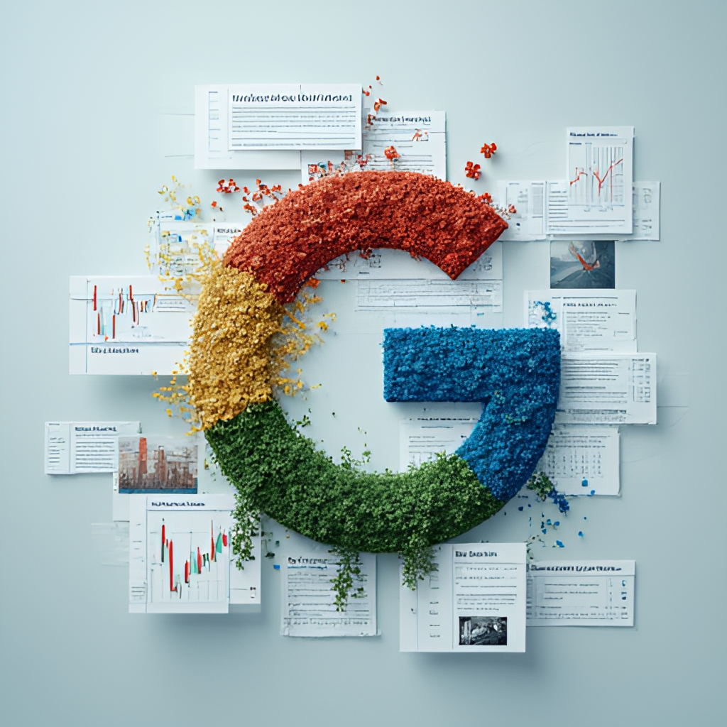 A conceptual image depicting various factors influencing stock price, such as news headlines (regulation, earnings), charts (market trends), and competitive landscapes, overlaid or integrated with a subtle representation of the Alphabet logo.