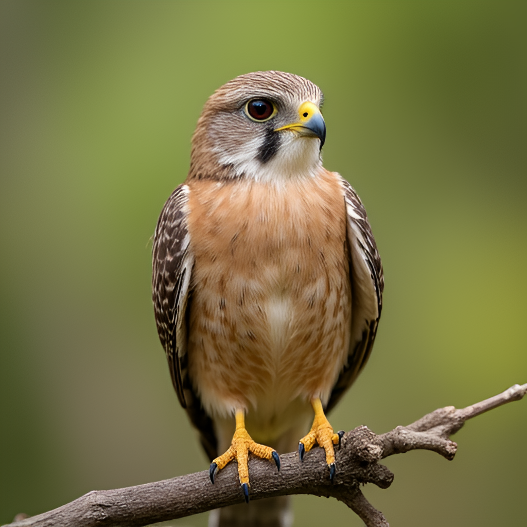 A close-up, detailed shot of a Common Kestrel perched on a branch, looking intently into the distance. Focus on the bird's sharp talons and keen eyes. Natural light, bokeh background.