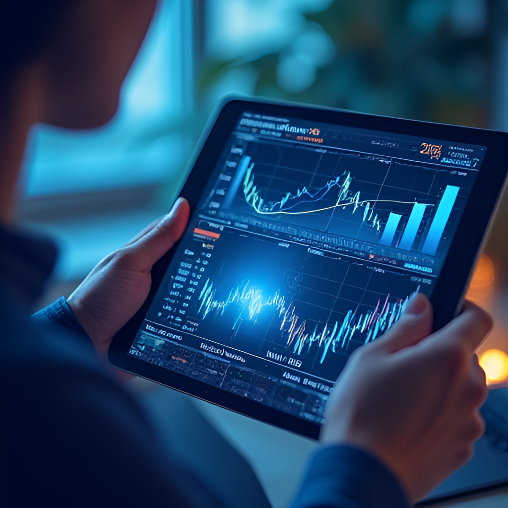 A digital illustration of a person analyzing financial data and charts on a tablet or computer screen, with the Apple logo subtly incorporated into the scene, representing investment analysis.