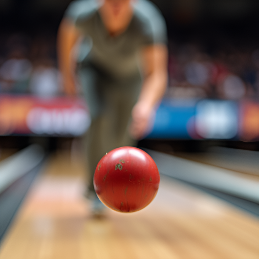 A close-up, action-oriented photo of a bowler in their delivery stride, capturing the intensity and focus. The background is slightly blurred, emphasizing the bowler and the ball.