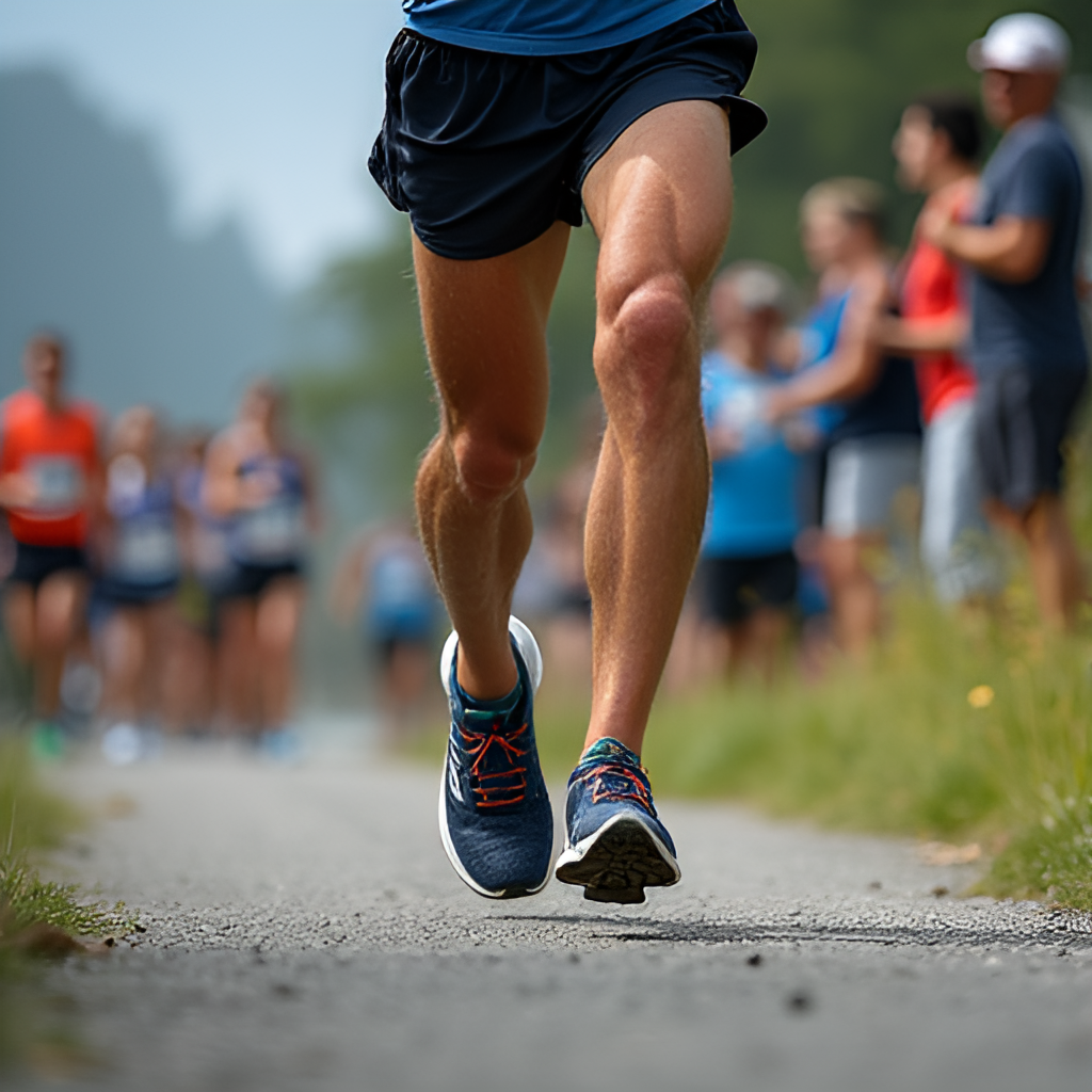 Close-up of a runner's legs showing fatigue and determination while tackling a steep uphill section of the Bluenose Marathon course, with cheering spectators in the background, realistic style