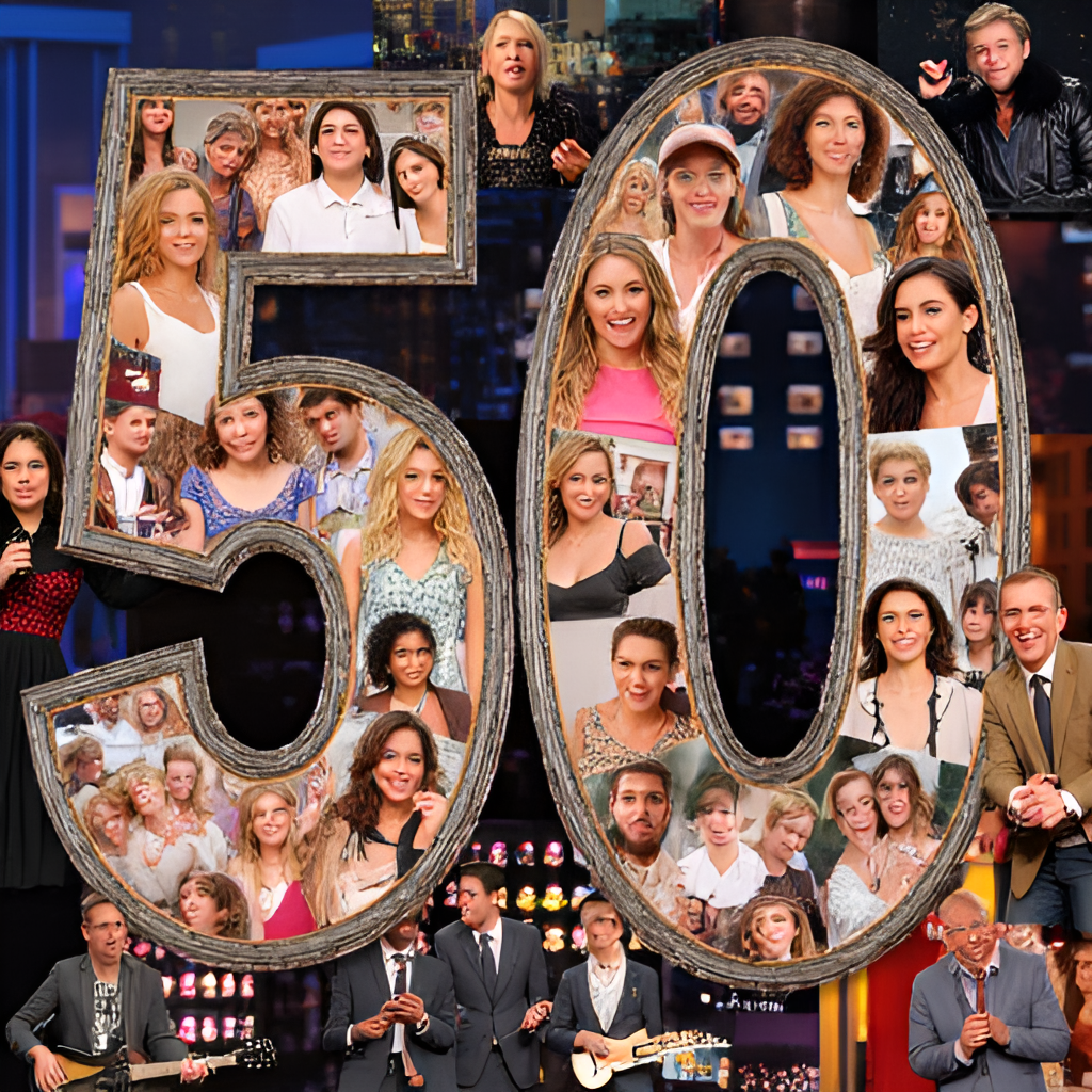 A collage or montage of memorable moments from Saturday Night Live's Season 50, including images representing hosts like Jean Smart and Scarlett Johansson, musical guests, and glimpses of recent sketches, capturing the energy and variety of the season. Style: Dynamic, colorful.