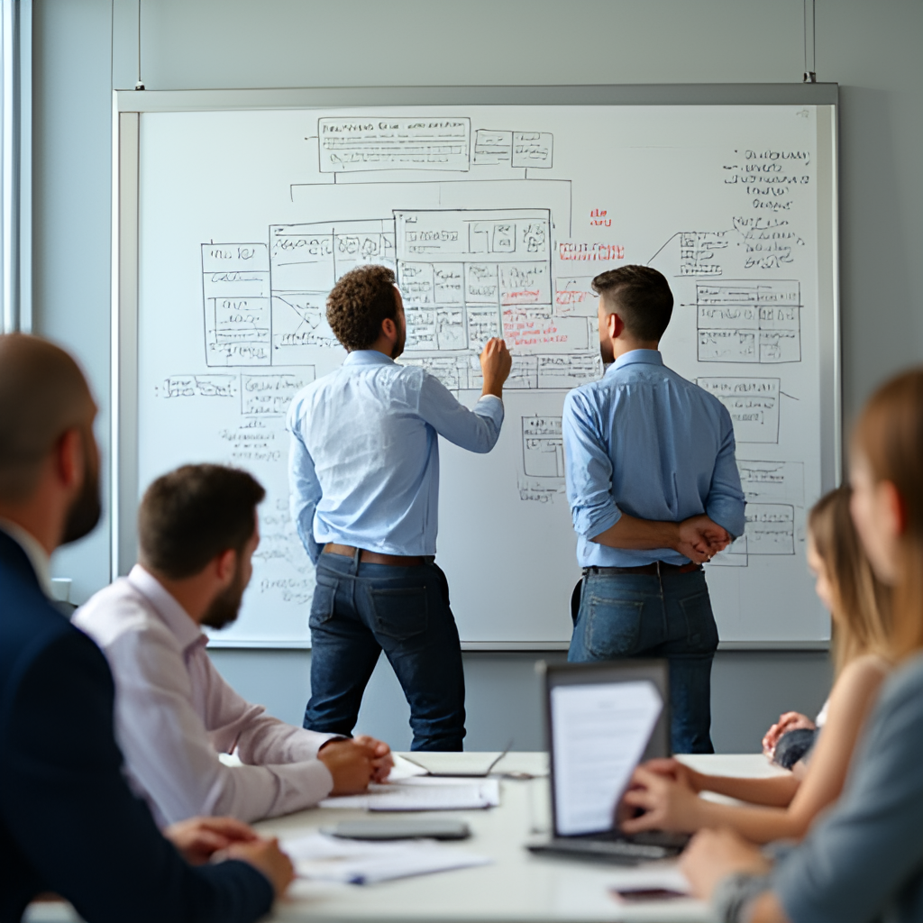 A diverse team of professionals working on a complex project, with one person at the center looking intensely focused and solving a difficult problem on a whiteboard, symbolizing the 'ringer' in a positive, professional context