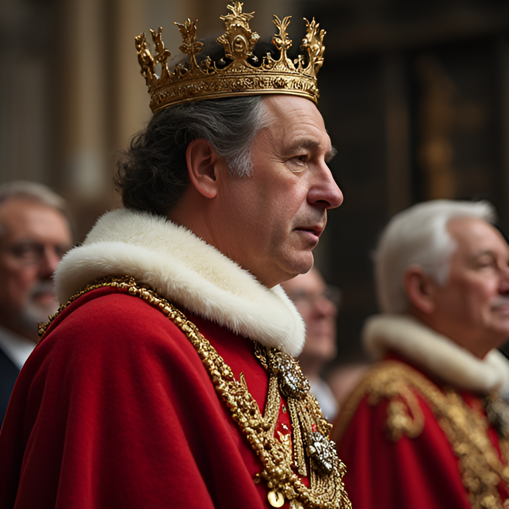 A photograph showing King Charles III during his coronation ceremony at Westminster Abbey, London, capturing a moment of solemnity and tradition with the St. Edward's Crown nearby.