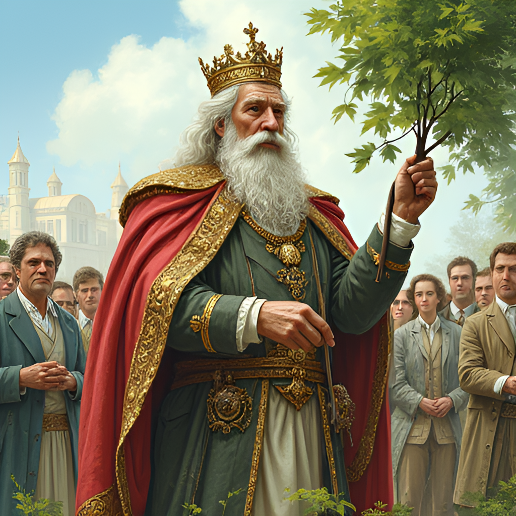 An illustrative image depicting King Charles III participating in an environmental event, perhaps planting a tree or speaking at a conservation conference, highlighting his long-standing advocacy for ecological issues.