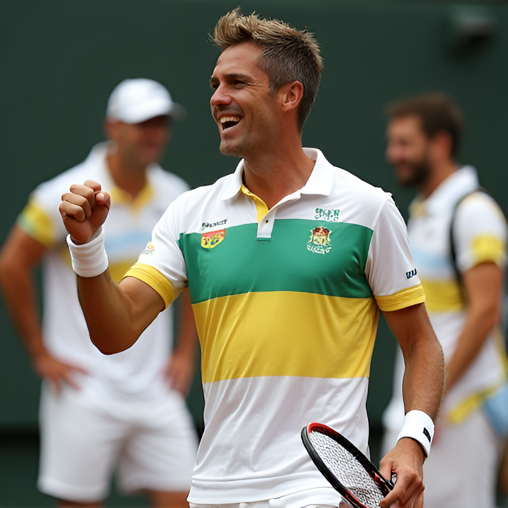 An image depicting Hugo Dellien representing Bolivia in the Davis Cup, possibly celebrating a point or a win with teammates or the flag in the background.