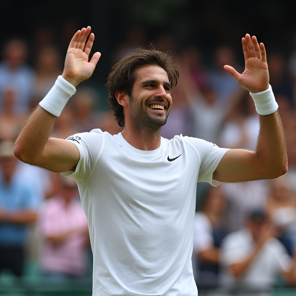 A wider shot photo capturing Matteo Arnaldi celebrating a point or match win on a tennis court, raising his arms with a big smile, possibly showing a crowd in the background.