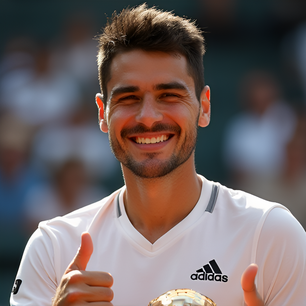 A portrait photo of Carlos Alcaraz smiling genuinely, perhaps holding a trophy or giving a thumbs-up, conveying his charismatic and approachable personality off the court.