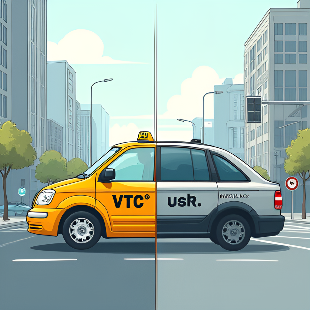 Photo illustration depicting a split scene: on one side, a traditional taxi; on the other, a modern VTC vehicle associated with a ride-hailing app like Uber, highlighting the coexistence and tension between the two.