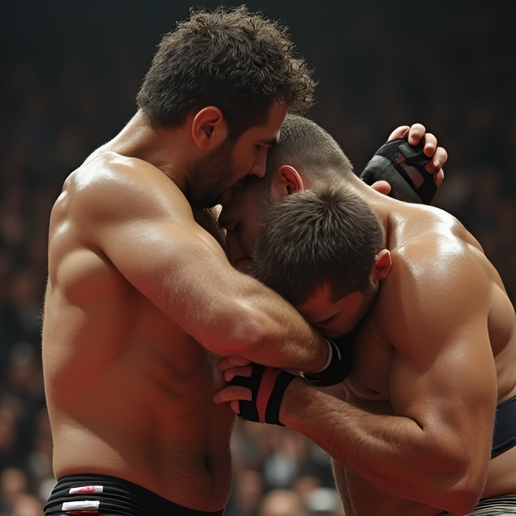 A realistic portrayal of Claudio Castagnoli delivering a powerful European Uppercut to his opponent, capturing the intensity and impact of the move during a wrestling match.